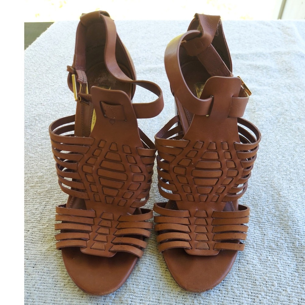 Lauren Ralph Lauren Sandals Womens 6B Brown Leather Cage Block Heel Huarache